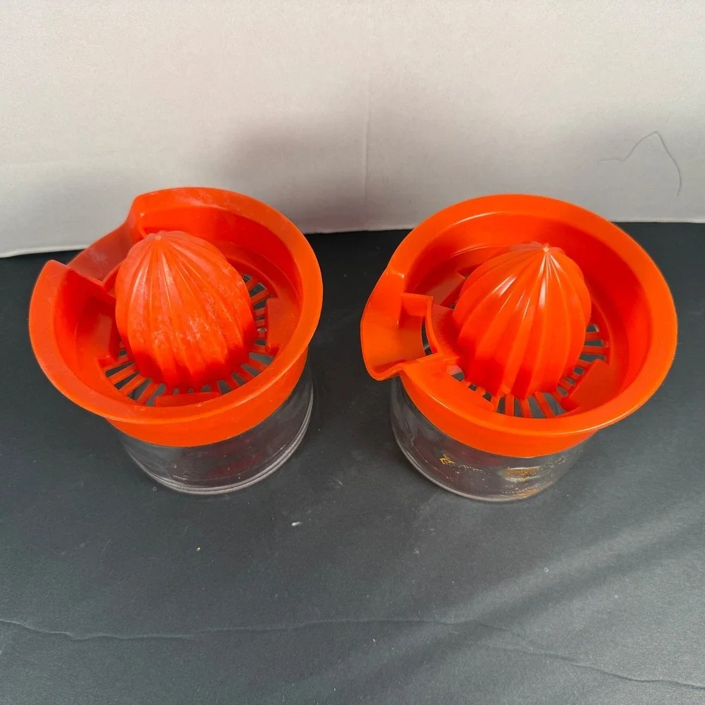 Vintage Orange Citrus Juicer Set 2 Glass Base Plastic Reamer Mid Century Retro